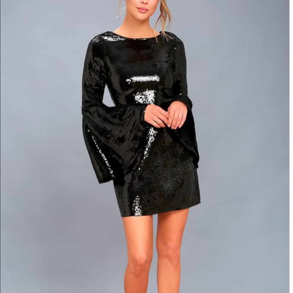 Black Sequin Bell Sleeve Dress